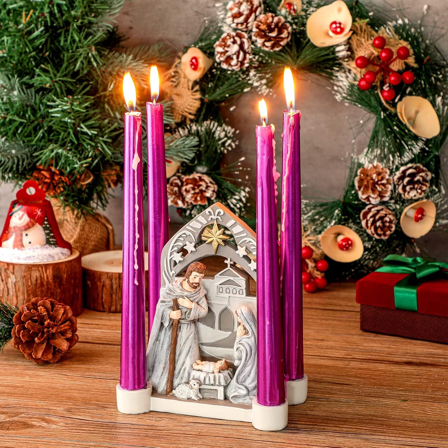 Nativity Advent Decorations - Holy Family Candle Holder with Arch | Religious Christmas Decor