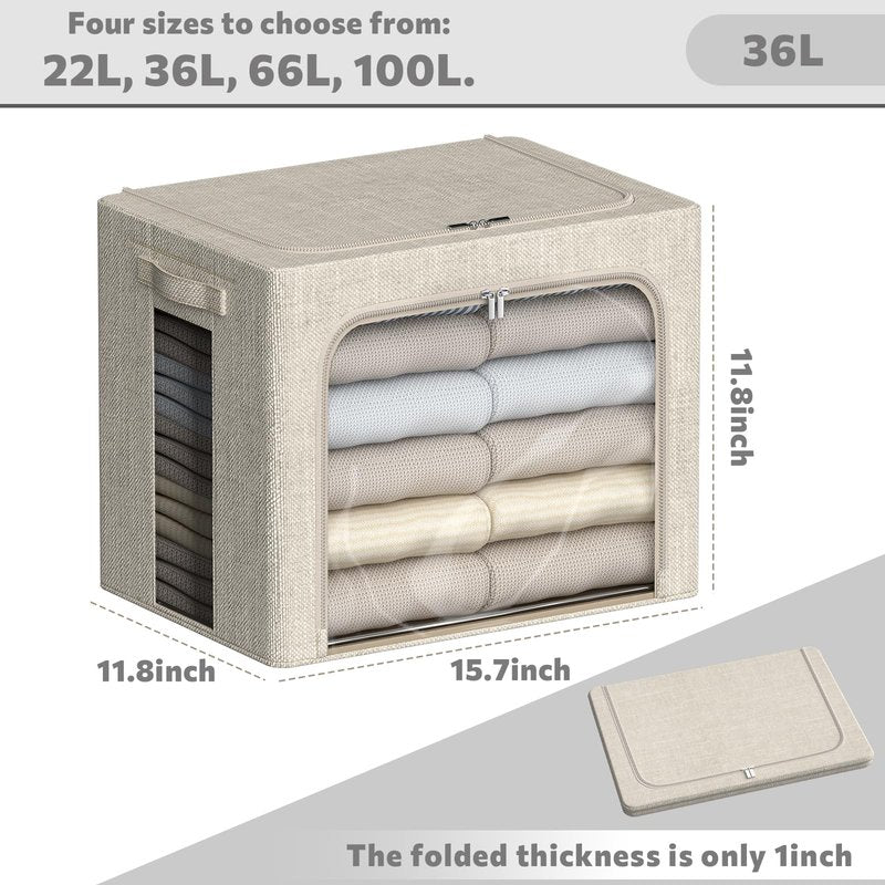 FHSQX 6 Pack Clothes Storage Bins with Metal Frame Foldable Storage Bins for Clothes Linen Fabric Storage Box with Clear Window (Beige, 15.7x11.8x11.8inch(36L))