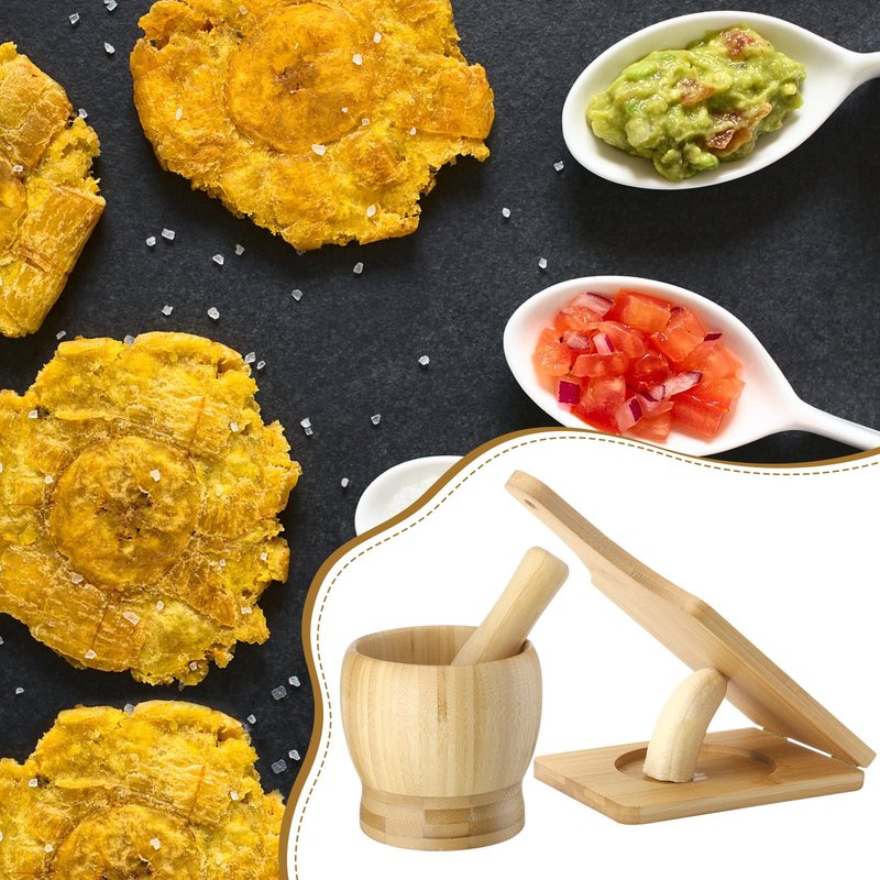 Lineshading 2 Kitchen Tools, Jumbo Bamboo Mortar and Pestle Set Wood Tostonera Tostones Plantain Press Natural Plantain Smasher Guacamole Bowl Fried Banana Pepper Press Mincer Grinder Chopper Crusher