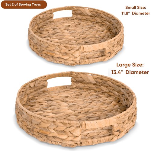 KOLWOVEN Set of 2 Round Hyacinth Trays, 12.5 and 11.5 Inch Wicker Serving Tray, Natural, KHAY-BEO-SET2