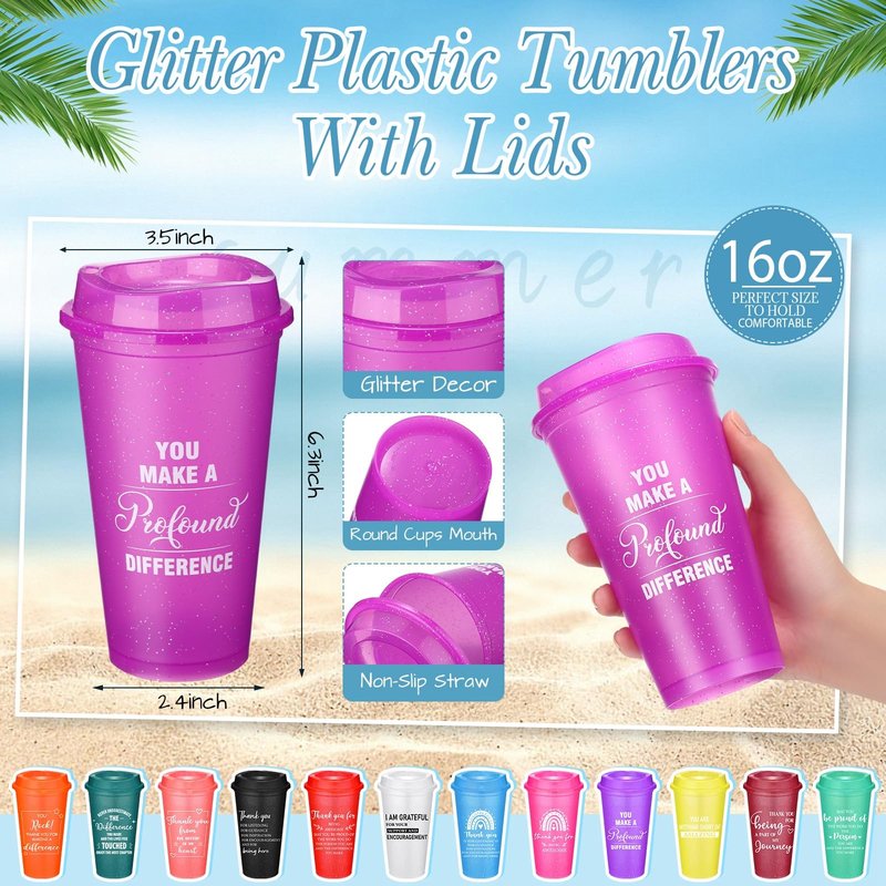 Skylety 96 Pcs Thank You Gifts 16 oz Coffee Cups Bulk Employee Appreciation Gift Inspirational Tumbler with Lid Reusable Plastic Coffee Cup for Coworker Staff Women Teacher (Classic Colors)