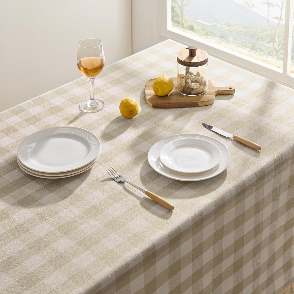 Softalker Checkered Tablecloth Rectangle, Outdoor Linen Cotton Gingham Table Cloth with Tassel, Heavy Duty Wrinkle Free Buffalo Plaid Table Cover for Kitchen Dining Home Party - 55 x 70 Inch, Beige