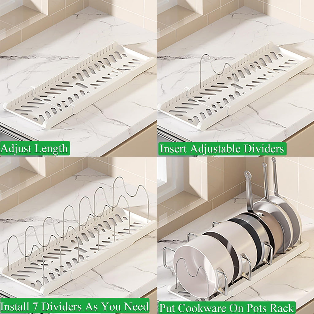 LICRUGU Pot Rack : Pots and Pans Organizer Under Cabinet 7 Adjustable Compartment Expandable Pot Lid Holder for Kitchen Cookware, Bakeware, Lid, Dishes, Cutting Boards,Apricot