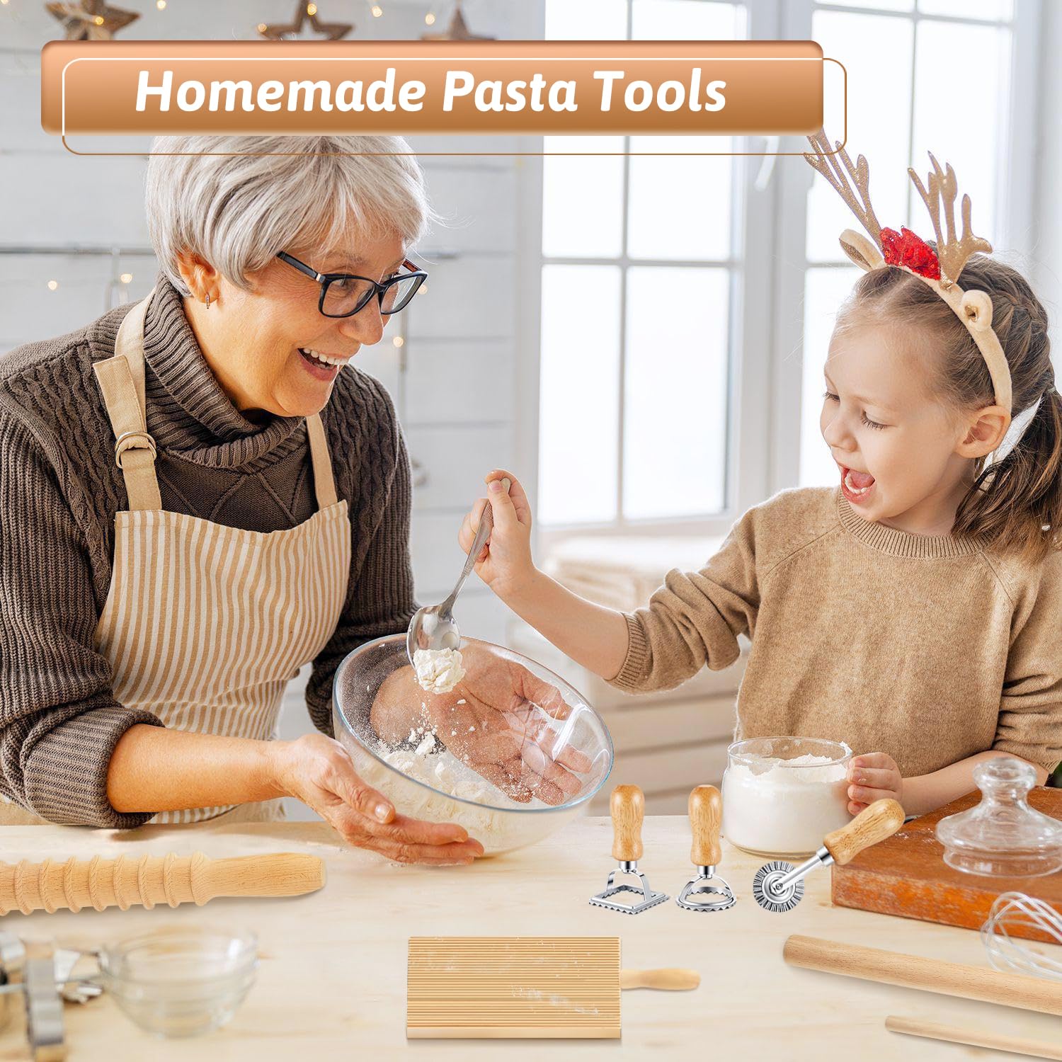 Mlesi 7 Pcs Pasta Making Tools, Wooden pasta kit with Rolling Pin, pasta cutter, Gnocchi Board, Ravioli Stamp, Homemade Noodle Dumpling Pasta Making Accessories