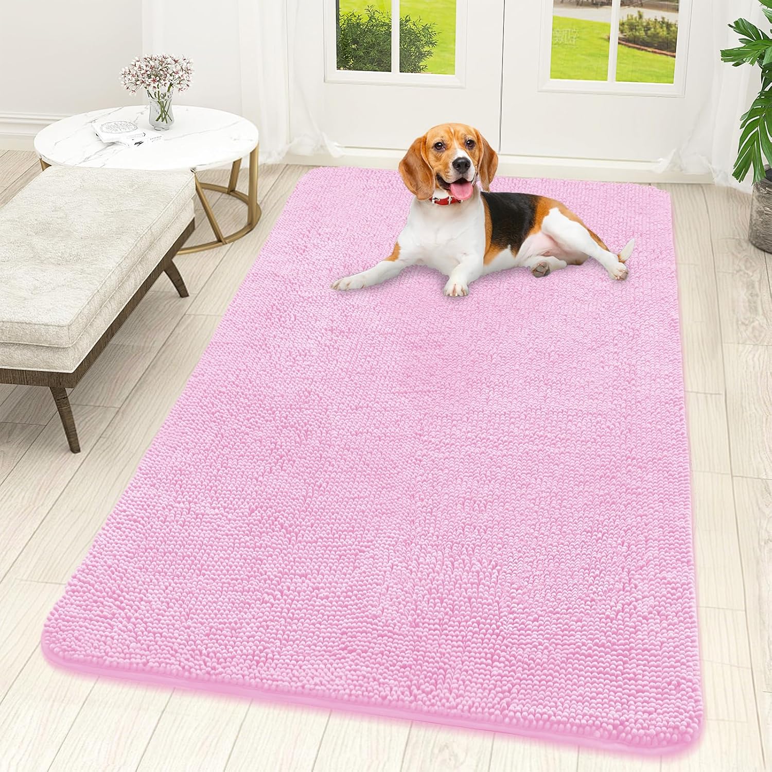 OLANLY Dog Door Mat - Absorbent Non-Slip Chenille Mat for Muddy Paws | Quick Dry, 59x32, Pink