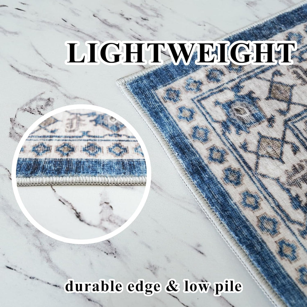 Skiennix Non-Slip Entryway Rug - Washable Stain Resistant Kitchen Doormat | Vintage Blue 2x4 Soft Carpet