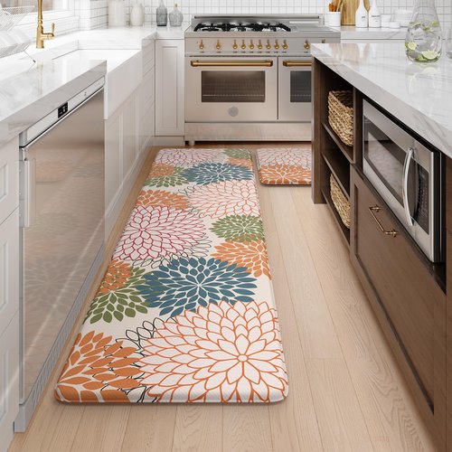 Collive Kitchen Rugs and Mats Cushioned Anti Fatigue Kitchen Mat 2PCS Non-Skid Waterproof Kitchen Runner Rug Comfort Foam Standing Mat for Floors,Office,Laundry,Sink,Floral
