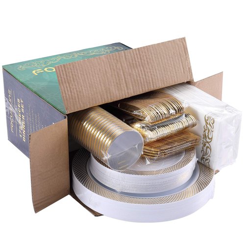 FOCUSLINE 175 Count Gold Dinnerware Set for 25 Guests - Disposable Plastic Plates with Gold Grid, Includes 25 Dinner & Salad Plates, Cups, Napkins, Cutlery Set for Wedding Parties