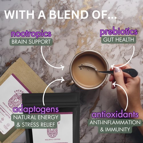 Energinseng Mushroom Coffee Instant Latte – Lion’s Mane, Reishi, Ginseng Adaptogen Coffee – Instant Coffee Alternative for Energy & Focus – Arabica & Robusta Blend – 14.11oz