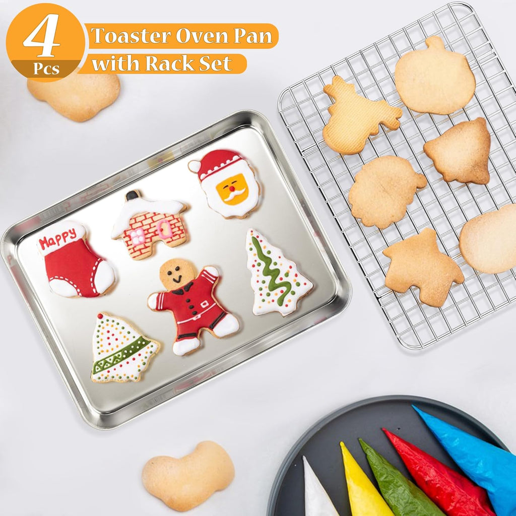 TeamFar Stainless Steel Toaster Oven Pan Set - 9 x 7 Inch Mini Baking Tray with Rack | Heavy-Duty & Dishwasher Safe