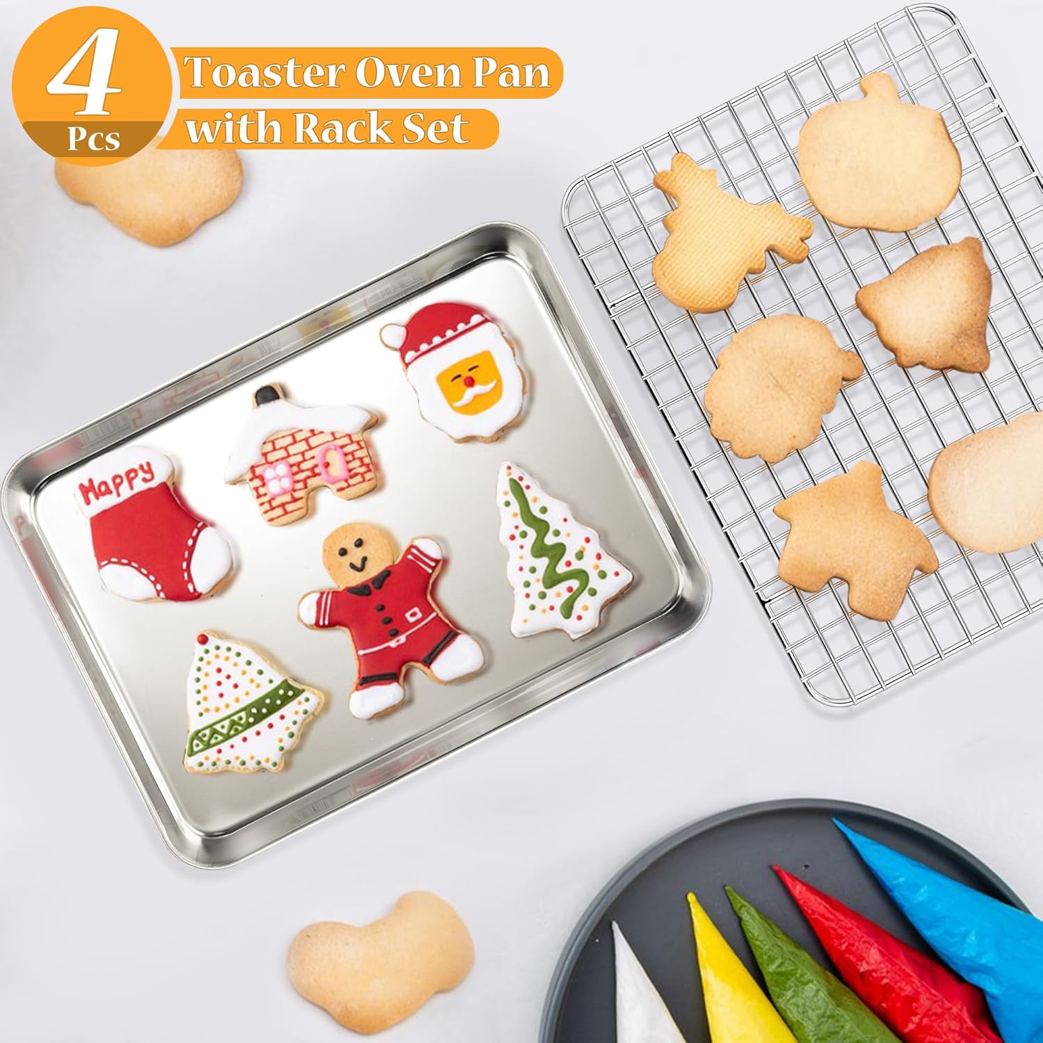 TeamFar Stainless Steel Toaster Oven Pan Set - 9 x 7 Inch Mini Baking Tray with Rack | Heavy-Duty & Dishwasher Safe
