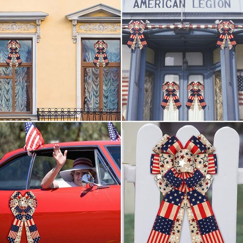 Jutom Patriotic Bow Wreath - Red, White & Blue Star Burlap Bow for 4th of July & Veterans Day Decor