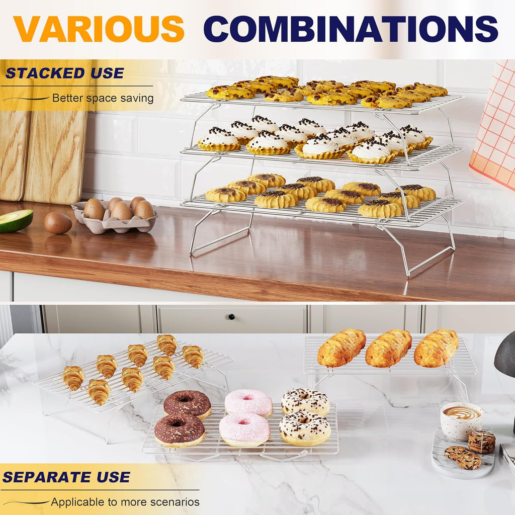 Skiennix 3-Tier Stackable Cooling Rack - Heavy Duty Baking Rack for Cookies, Pizza & Cakes - 15.8” x 10” - Oven & Dishwasher Safe