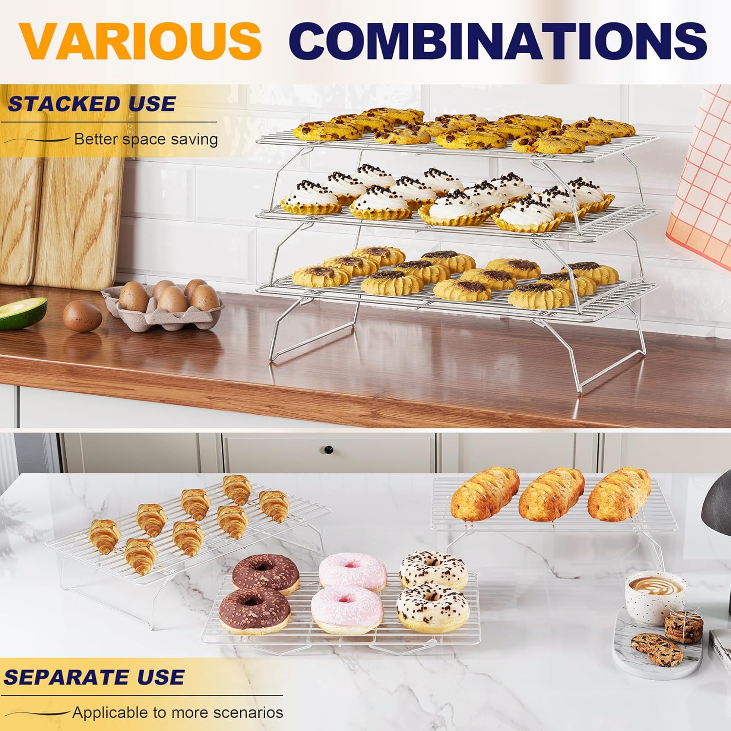 Skiennix 3-Tier Stackable Cooling Rack - Heavy Duty Baking Rack for Cookies, Pizza & Cakes - 15.8” x 10” - Oven & Dishwasher Safe
