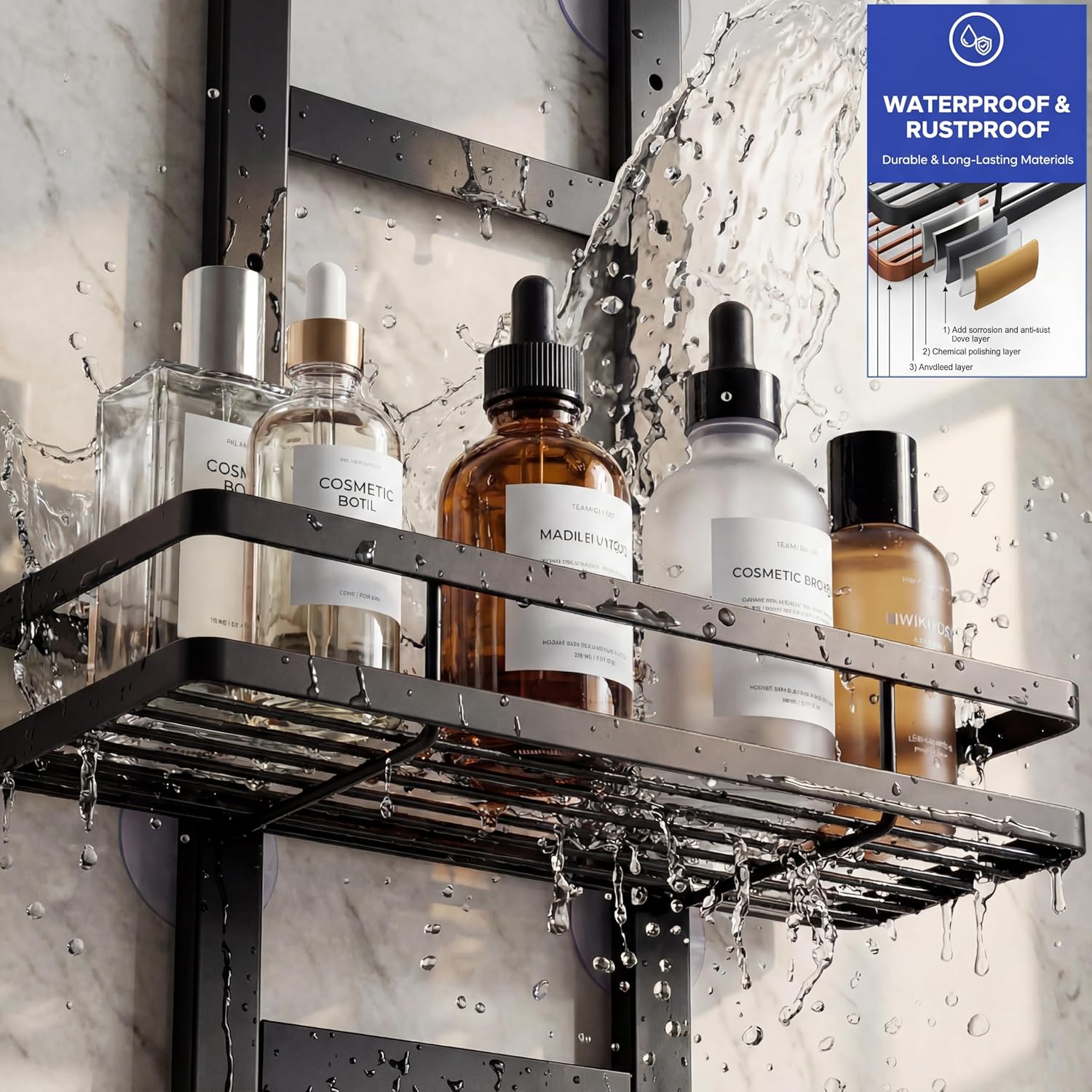 Skiennix Over The Door Shower Caddy - Rustproof 2-Tier Bathroom Organizer with Waterproof Phone Pouch | Black