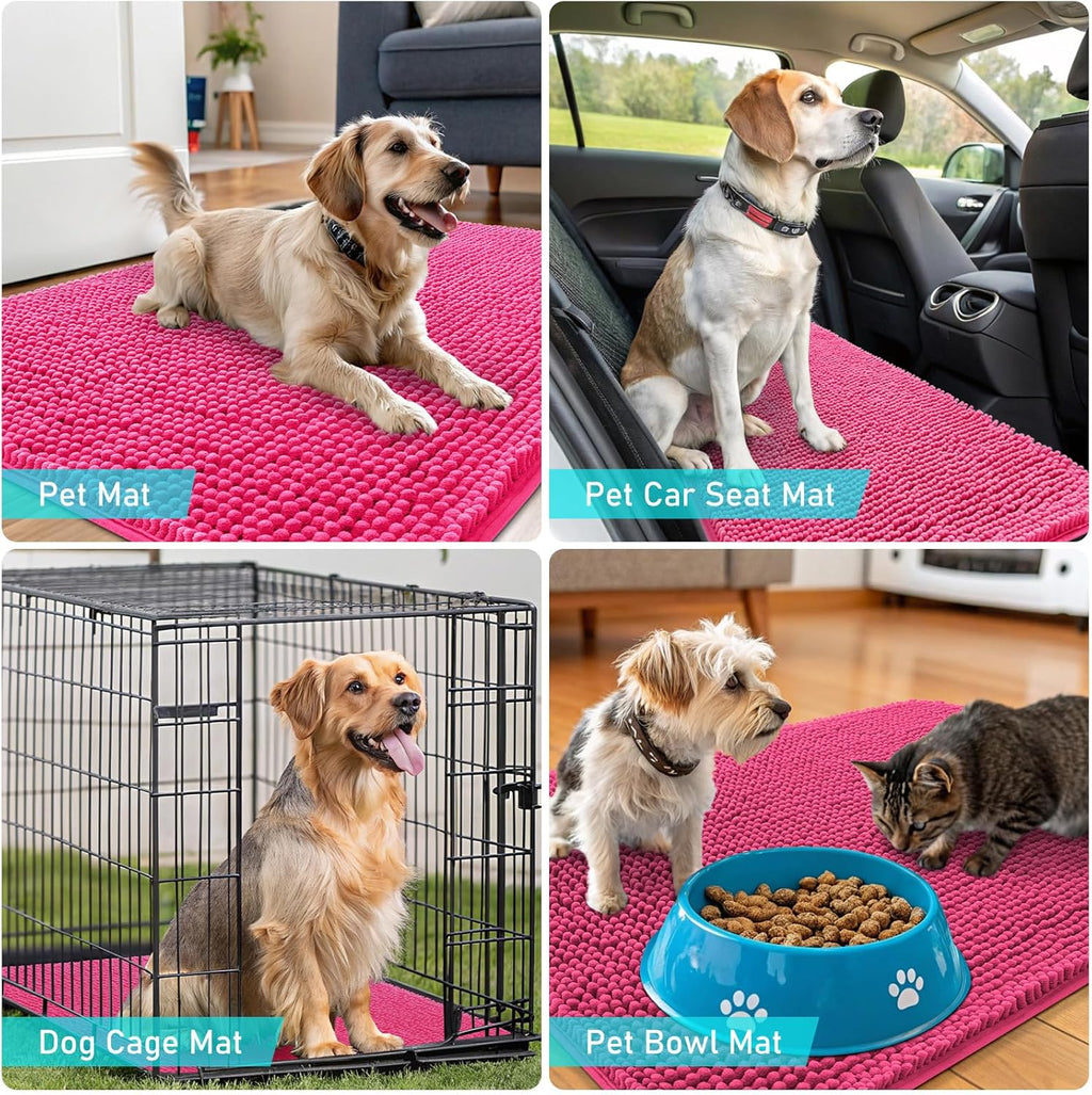 OLANLY Dog Door Mat - Absorbent Non-Slip Washable Chenille Mat for Muddy Paws | 47x20, Hot Pink