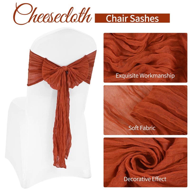 REWOMC 36 Pcs Terracotta Cheesecloth Chair Sashes, 16 x 108 inch Gauze Fabric Washable Chair Sashes Bows Designed for Aisle Decorations Universal Chair Cover Decor for Wedding Reception Party Banquet