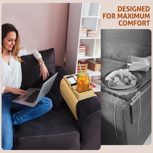 Couch Armrest Table Set of 2 - with Detachable Couch Cup Holder Tray | Foldable Non-Slip Bamboo Sofa Arm Tray for Remotes, Phones, Drinks and Snacks | Space-Saving Arm Rest Table - 17.7" x 12.8
