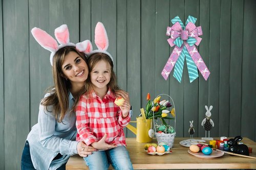 Hying Easter Bunny Wreath Bows - Glitter Pink & Blue Burlap | Large Holiday Decorations for Front Door