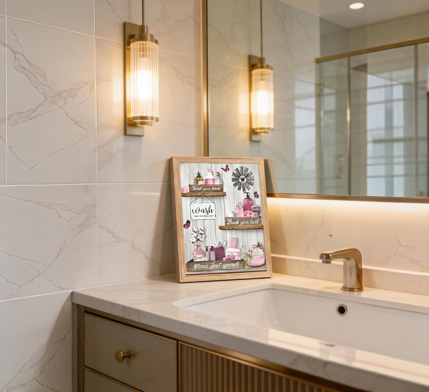 Regine Switzerland Pink Bathroom Canvas Wall Art - Modern Farmhouse Decor | Framed Ready to Hang