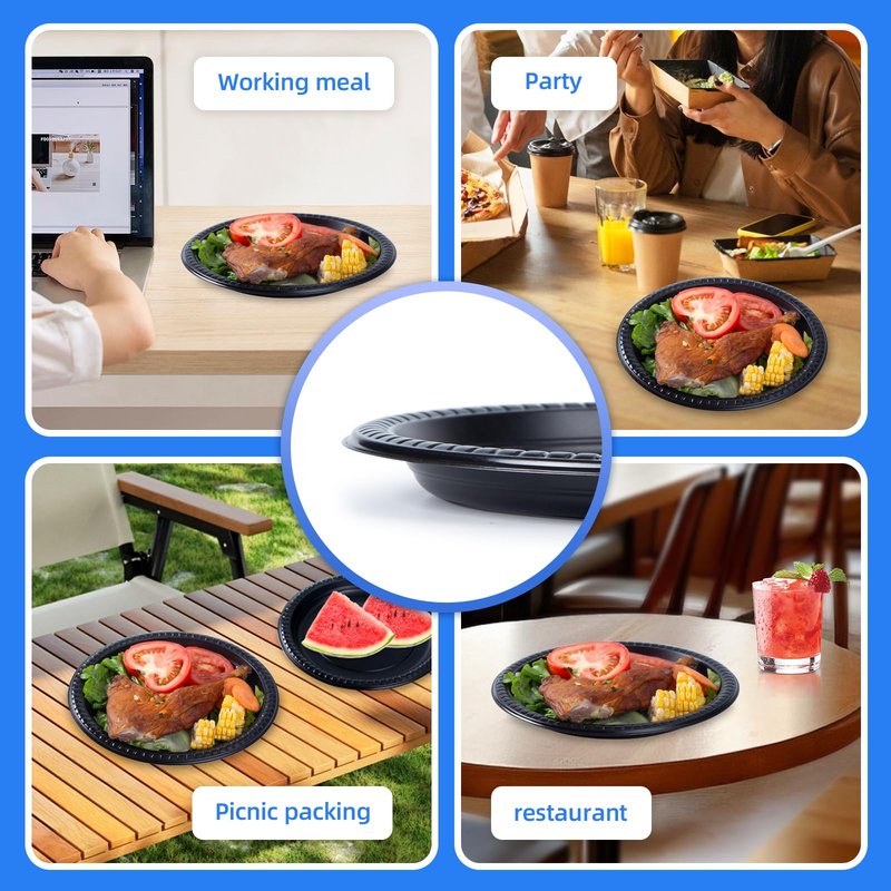 YANGRUI Plastic Plates Mineral Filled PP 10" - 150 Pack Shrink Wrap | Commercial Grade Black Shatter Resistant Trays | Reusable Dishwasher Microwave Safe BPA Free | Heavy Duty Bulk Party Plate