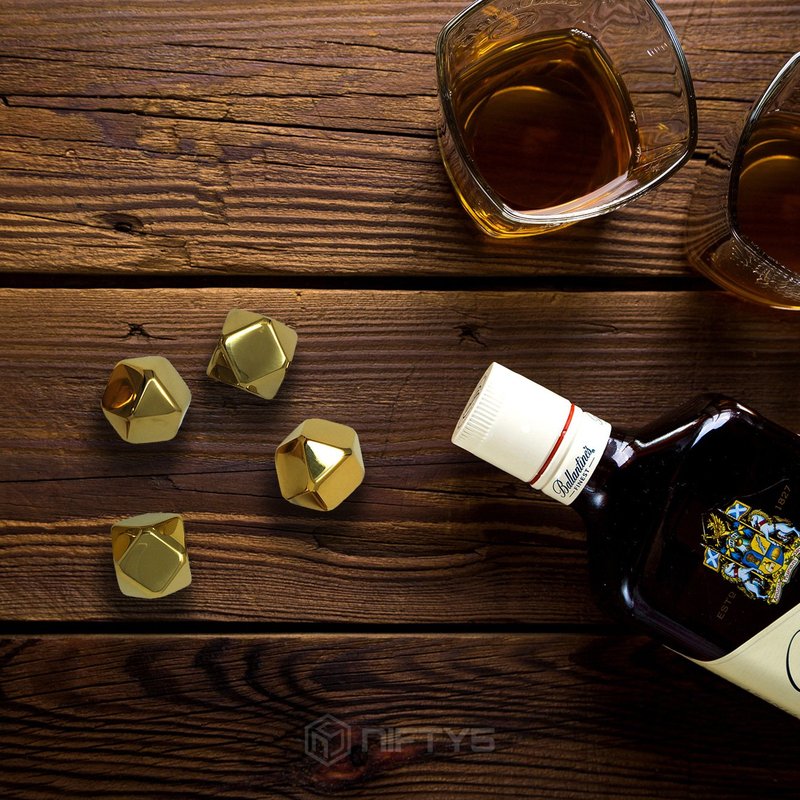 Whiskey Stones Gold Edition Gift Set of 8 Stainless Steel Diamond Shaped Metal Ice Cubes, Reusable Chilling Rocks Including Silicone Tip Tongs and Storage Tray
