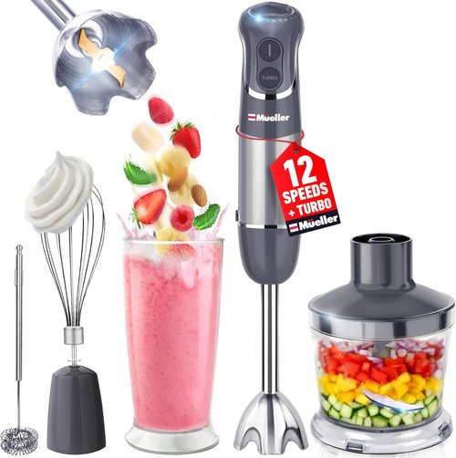Mueller Multistick 5-in-1 Immersion Blender - 12 Speed Hand Mixer with Turbo Boost & Titanium Blades | Grey