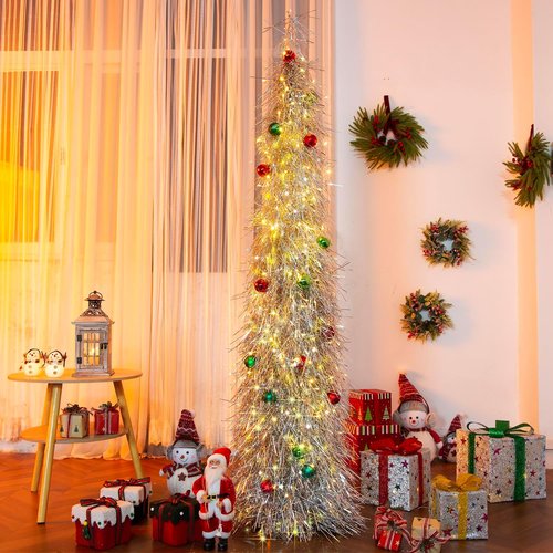 BrilliantJo 6ft Artificial Christmas Tree - Lighted with Ornaments & Collapsible Stand | Silver Tinsel Decor