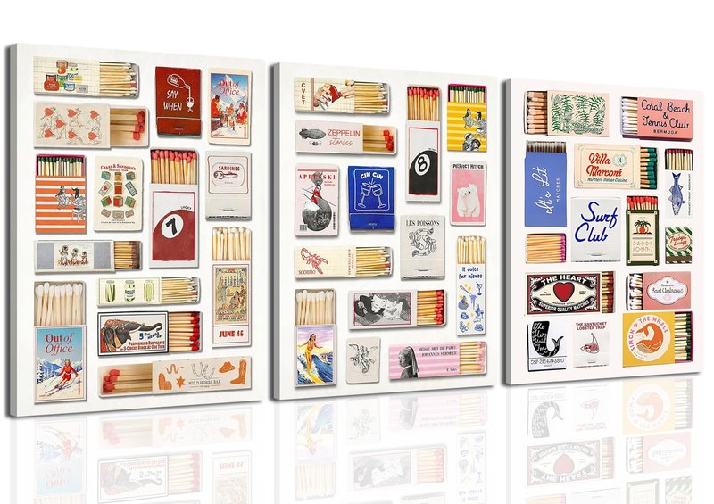 Trendy Matchbook Wall Art Set of 3, Retro Girly Bar Cart Decor, Preppy Matchbox Poster Canvas Prints Aesthetic Picture for Apartment Dorm Living Room Home Framed 16x24 inch