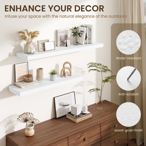 Fun Memories Wood Floating Shelves 16 Inch, 10 Inch Deep Shelves Wall Mount, Wall Shelves with Invisible Bracket, 16" Floating Shelves for Living Room Bathroom Bedroom, White, Set of 2