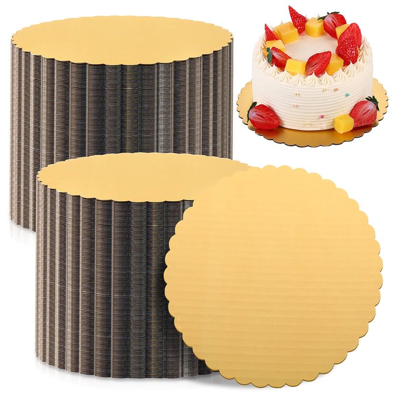 Eaasty 100 Pack Gold Cake Boards Round Cake Base Boards Disposable Plate Scalloped Bases Round Coated Circle Trays Base for Dessert Party Supplies(8 Inch)
