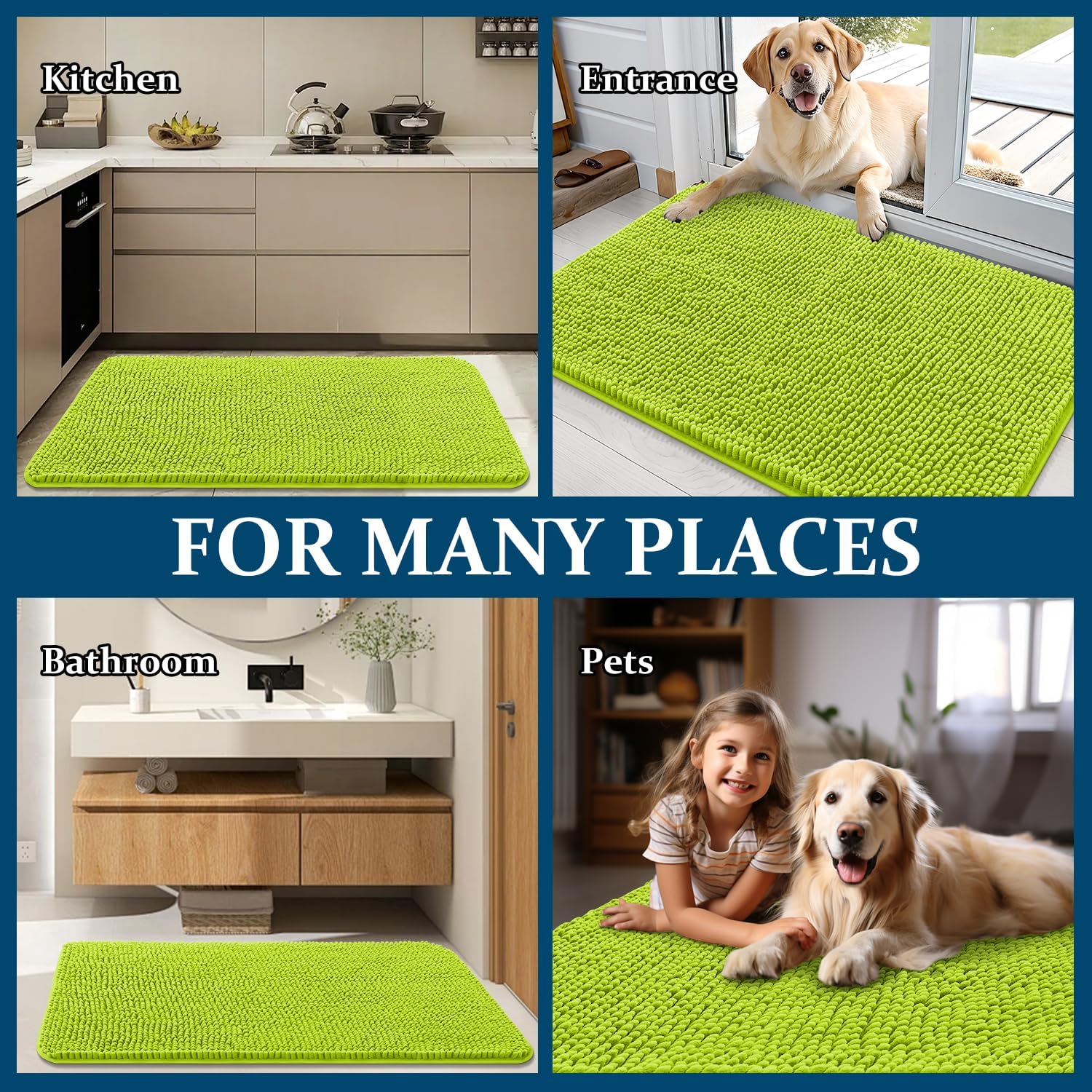 OLANLY Dog Door Mat - Absorbent Non-Slip Washable Chenille Mat for Muddy Paws | 24x16 Bright Green