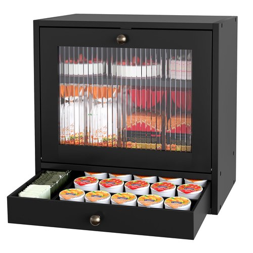 Alpeir Wooden Bread Box for Kitchen Countertop, Large Capacity with Ventilation Holes Adjustable Tiered-Shelf, Vintage Farmhouse Breadbox with Drawer & Window, Longer Freshness, Black