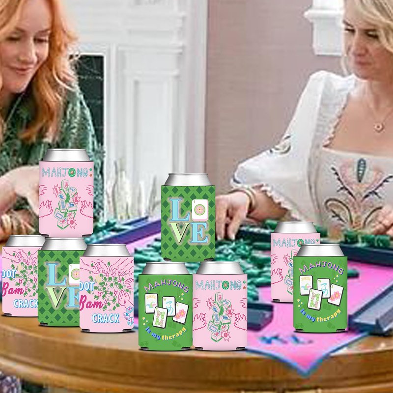 KARAQY 12 Pcs Mahjong Party Can Coolers, Pink and Green Mahjong Can Sleeve for Mahjong Gifts Mahjong Party Decorations Supplies