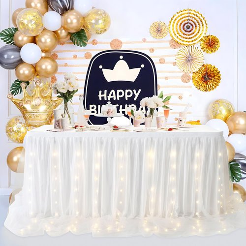 White Tulle Tutu Table Skirt for Baby Shower Wedding,Birthday Party,LED Rectangle or Round Tablecloth for Gender Revel or Baptism (14 ft table skirt), L 14(ft)xH 30in