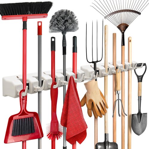 Garage Storage Organizer | Mop and Broom Holder Wall Mount by [Brand Name] - 5 Slots, 6 Hooks, 7.5lbs Capacity - Off-White for Home & Kitchen