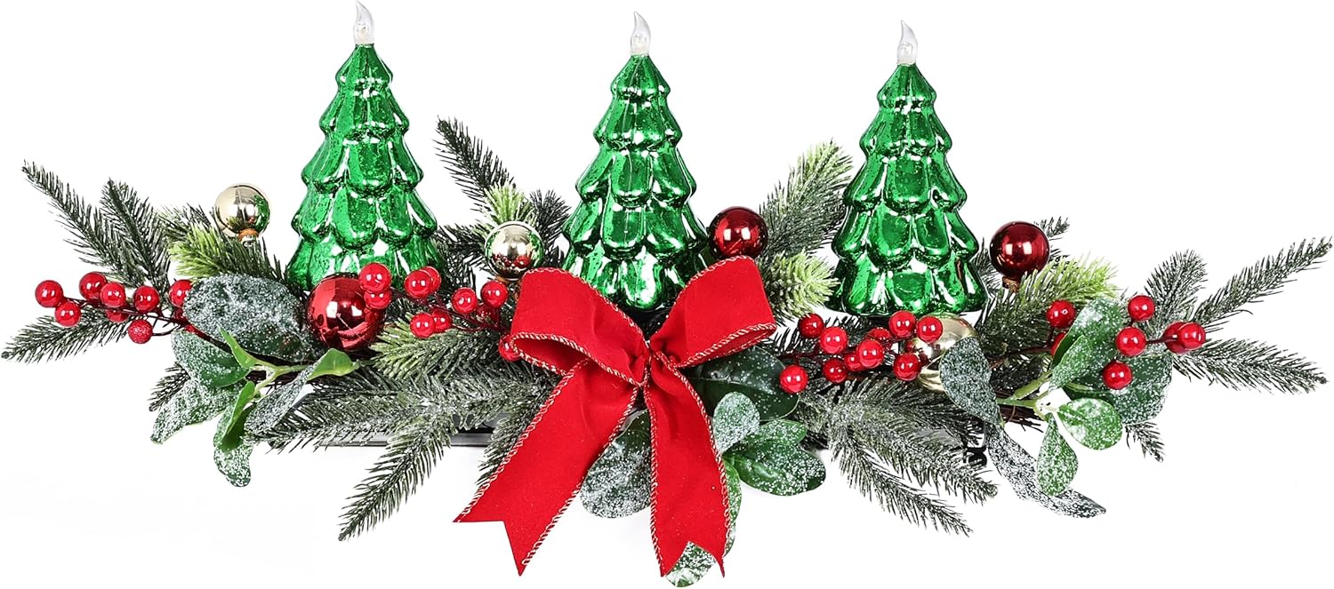 Skiennix Christmas Table Centerpiece - LED Lights, Green Tree Decoration with Red Berries & Balls
