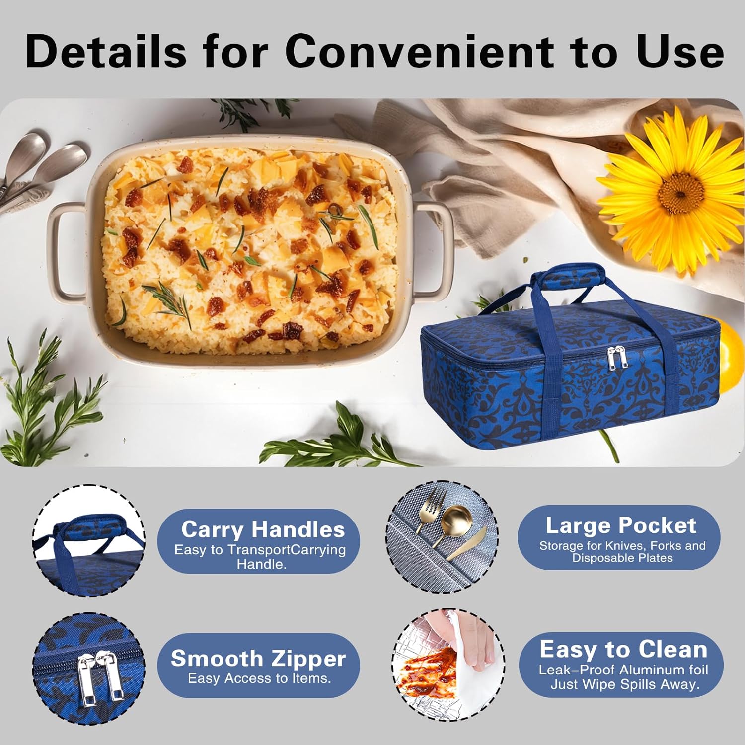 Skiennix Insulated Casserole Carrier Bag - Portable Tote Keeps Food Hot/Cold | Fits 9x13" Dish - Blue/Black