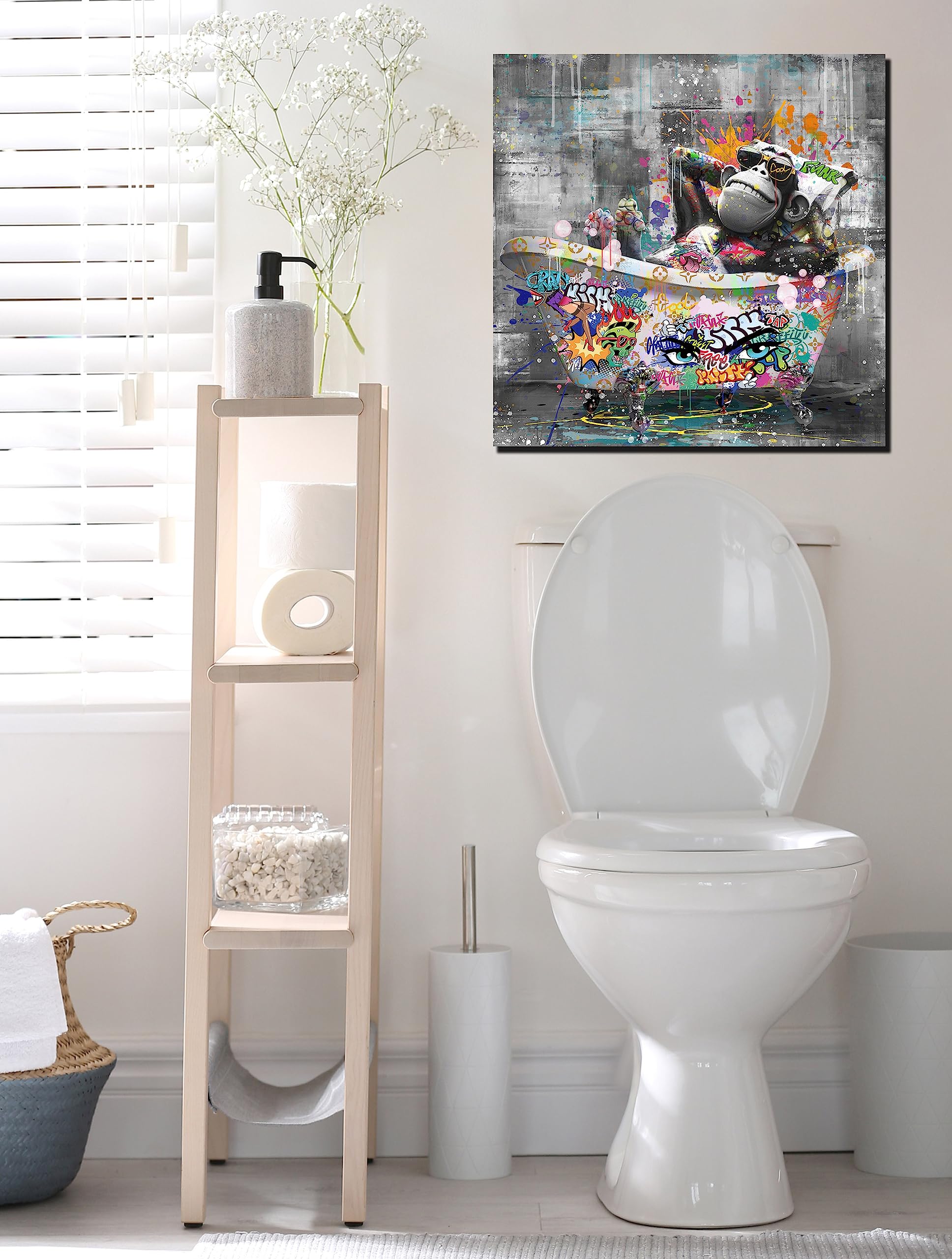 Kepgonegu Bathroom Wall Art Funny Gorilla in the Bathtub Graffiti Canvas Wall Art Black and White Wall Art Ready to Hang Size 30”W x 30”H