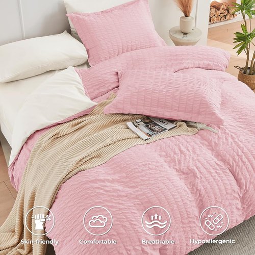 HYMOKEGE Twin Comforter Set - Luxury 5-Piece Seersucker Bedding in Pink/Ivory for All Seasons