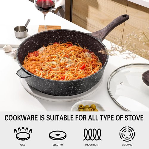 Kordisen Nonstick Deep Frying Pan - 12 Inch Skillet with Lid | 5 Qt Healthy Induction Cookware, PFOA Free