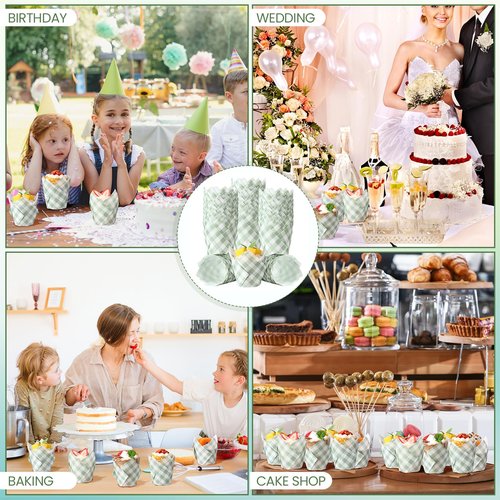 Maxdot 200 Pcs Sage Green Gingham Plaid Tulip Cupcake Liners for Baking Paper Muffin Baking Cups Checkered Tulip Muffin liners Wrappers for Bridal Baby Shower Wedding Birthday Party Decor