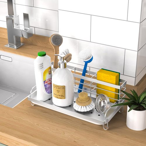 Cisily Kitchen Sink Caddy Organizer - Rustproof Non-Slip Soap Dish & Sponge Holder | Silver Finish