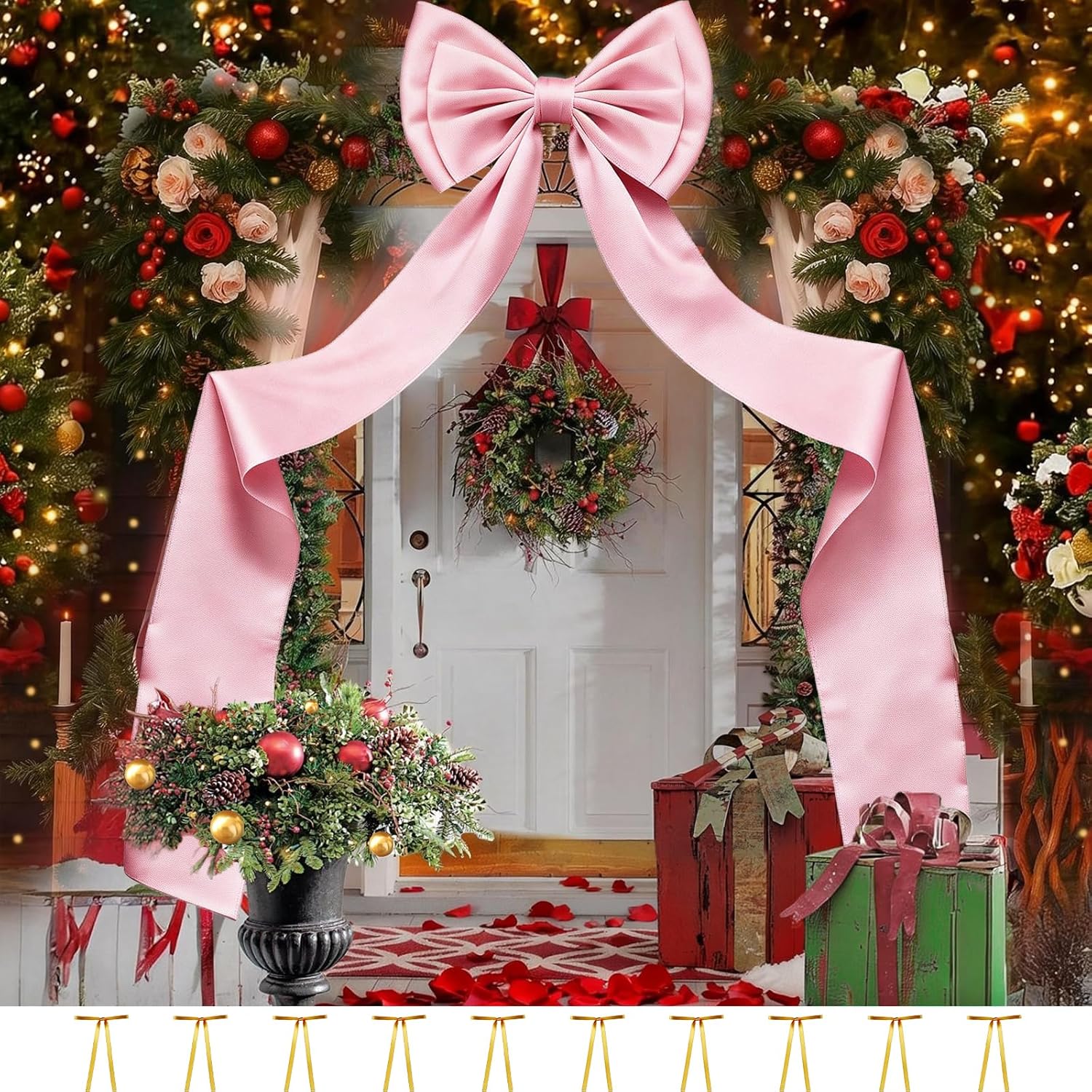 Vovoir Giant Bow Decoration - 75x18 Inch Pink Satin Bow with 10 Ribbon Bows for Weddings & Parties