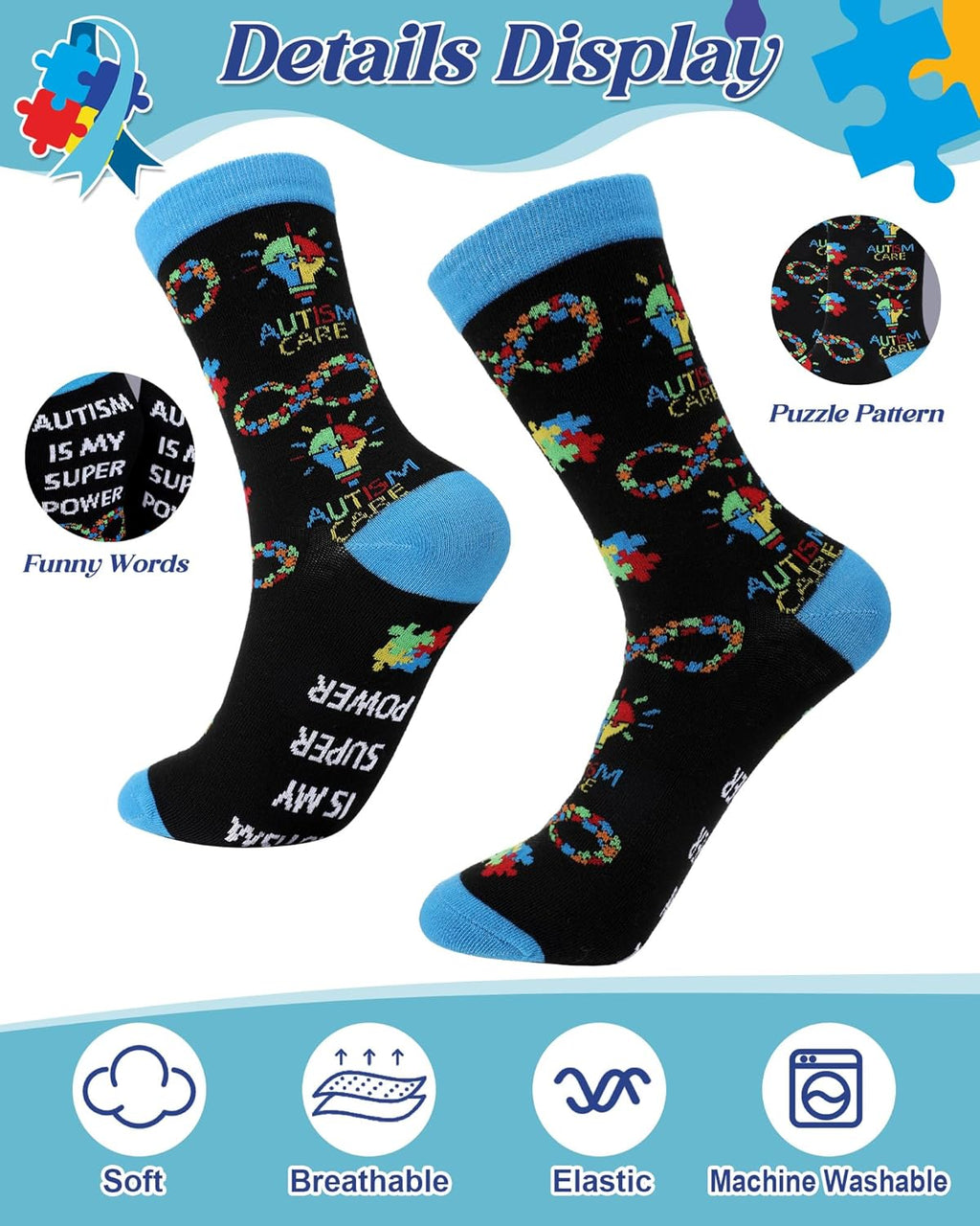 Skiennix Autism Awareness Socks - 12 Pairs Colorful Graphic Designs for Men & Women | Perfect Gift Idea