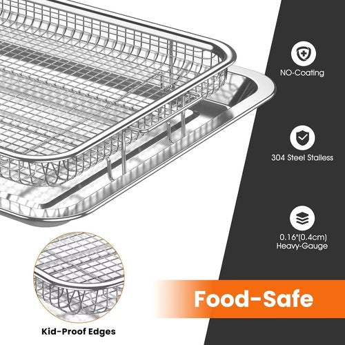Air Fryer Basket Set by [Brand Name] - Stainless Steel Crisper Tray & Pans | Family-Size Non-Stick, 15"x11" & 12.8"x9.7" with 60 Parchment Papers
