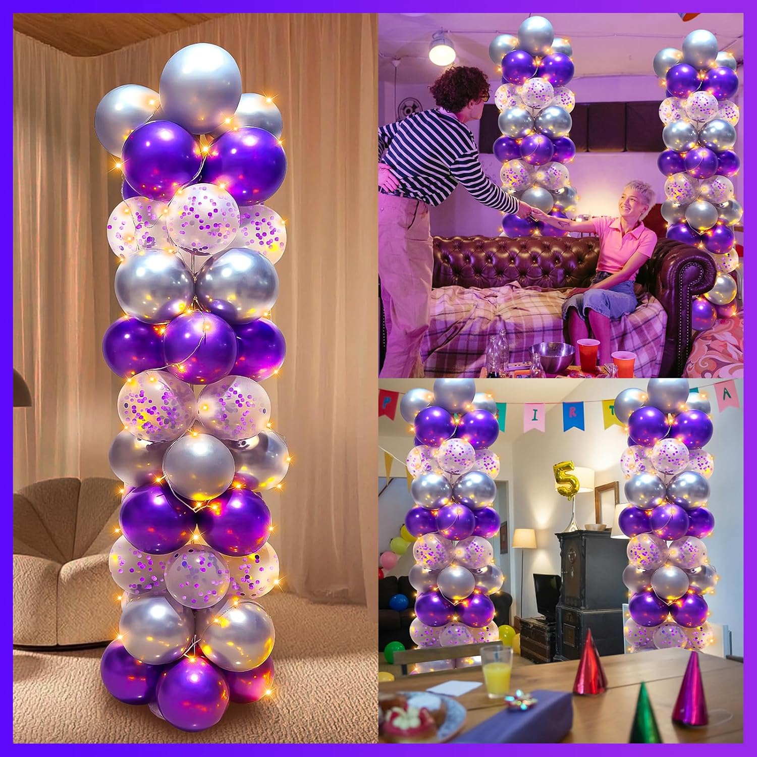 Skiennix Balloon Column Stand Kit - Adjustable 7 Feet Height with Balloons & String Lights | Purple
