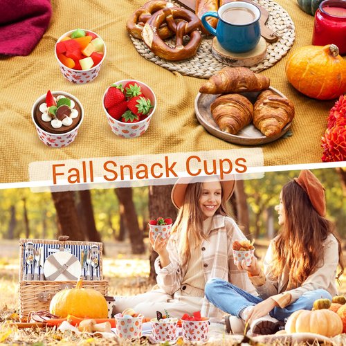 Jingmore 100 Pcs 8 oz Fall Treat Snack Cups Pumpkin Maple Leaves Disposable Paper Bowls Thanksgiving Orange Party Favors Paper Bowls for Hot or Cold Food Autumn Party Supplies