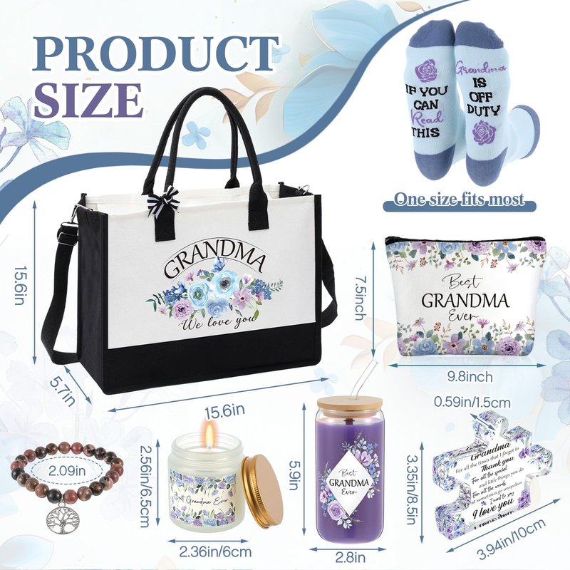 Paterr 10 Pcs Gifts for Grandma– Mothers Day, Birthday Gift Include Canvas Tote Bag 16oz Glass Cup Socks Blanket(Grandma)
