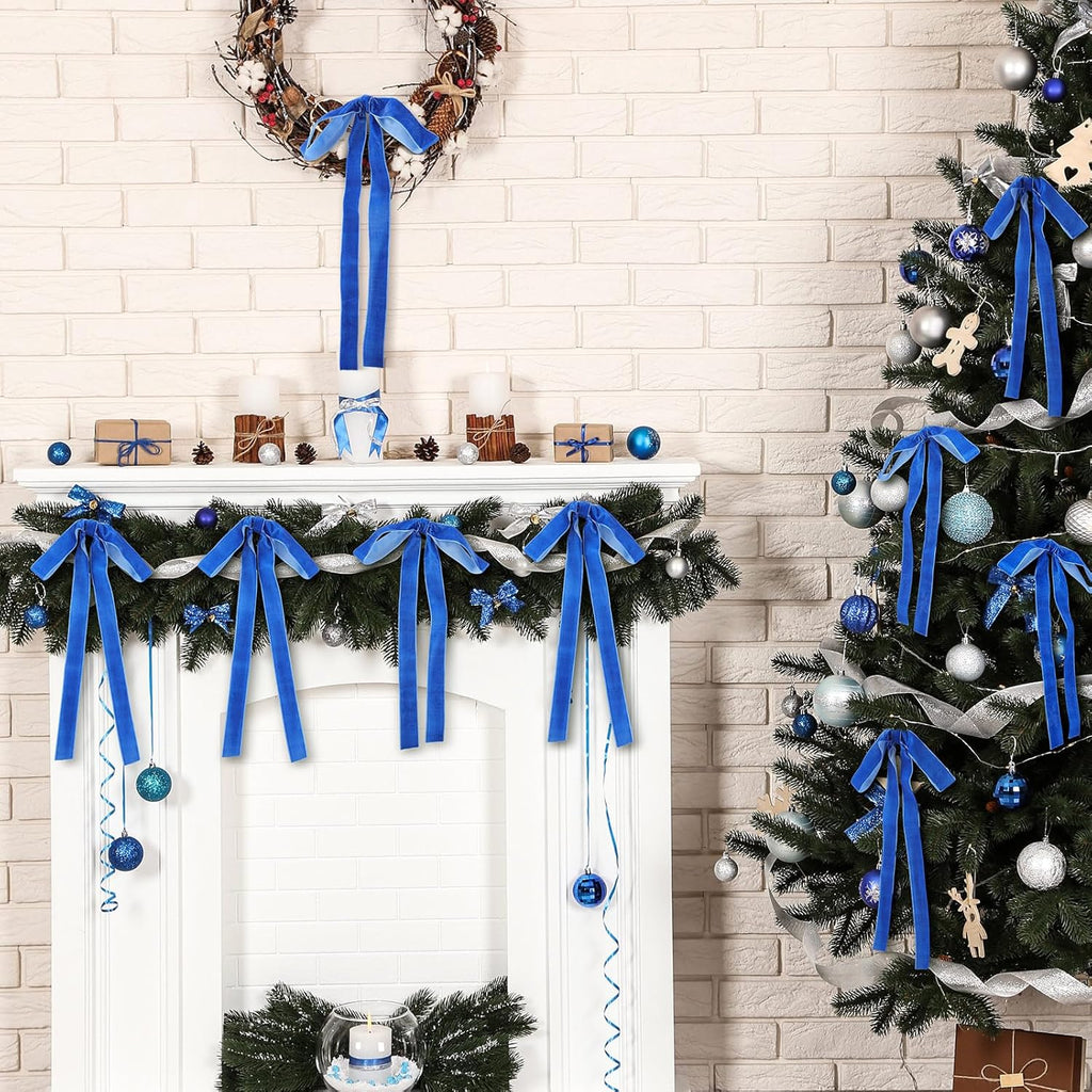 Royal Blue Velvet Bows - 24 Pcs Christmas Tree Ornaments | Valentine's Day Decor (9 x 13 Inch)